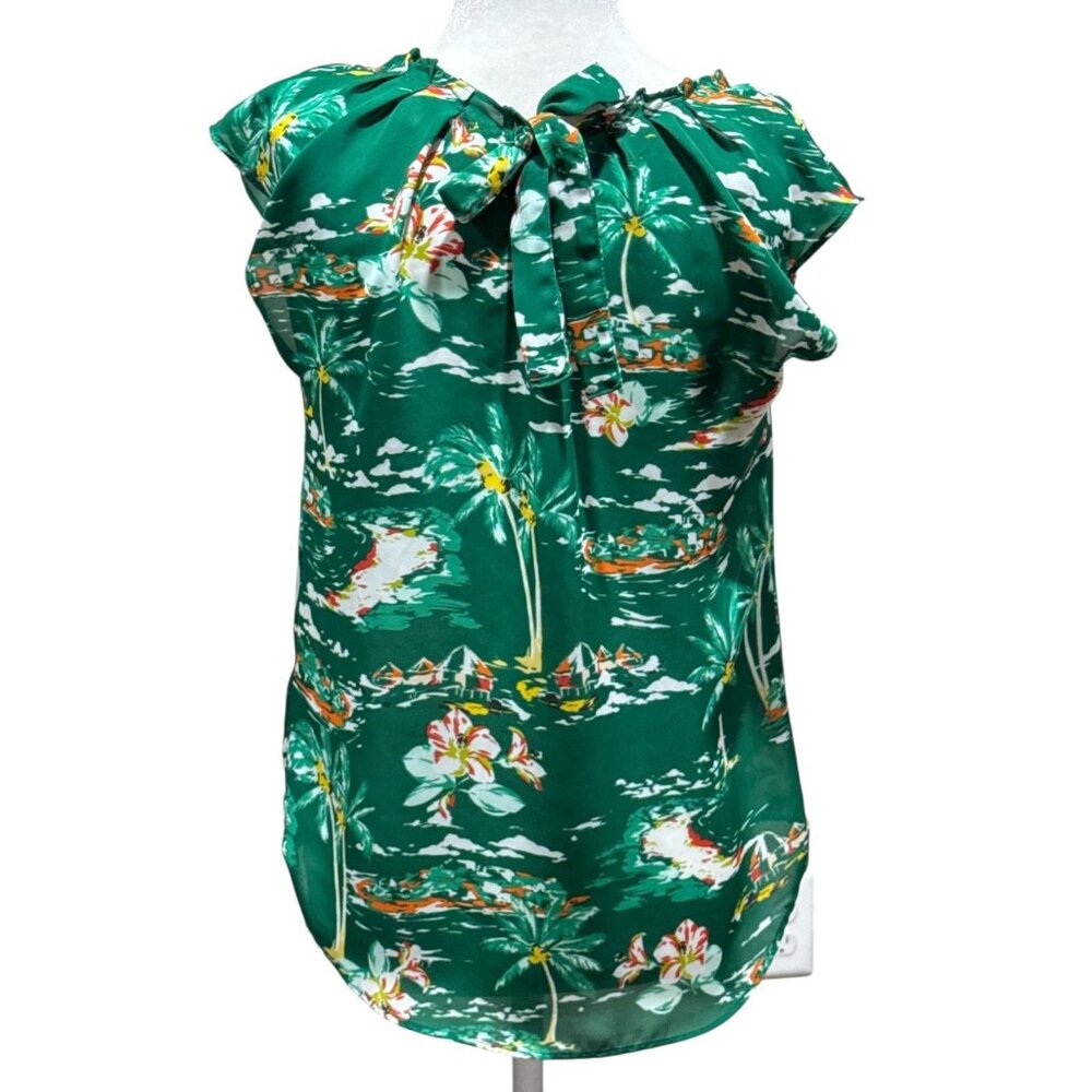 Lauren Conrad Tropical Green Sleeveless Blouse Tie back Neck & Floral Print XS
